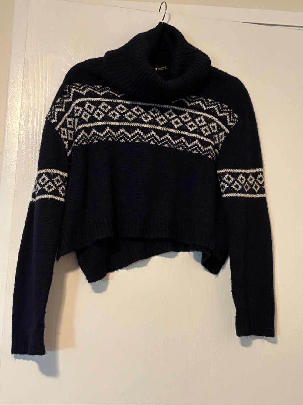 Derek Heart Navy Turtleneck Fair Isle Cropped Sweater